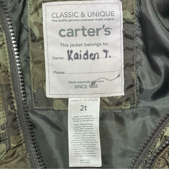 Carter’s Adventure Jacket Boys Hooded Camo Size 2T Full Zip Winter - Picture 4 of 9